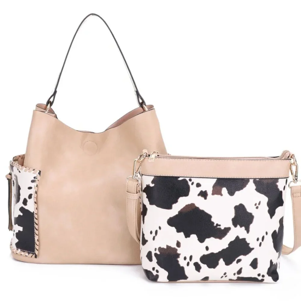 Cow Print Hobo & Crossbody Bag Set – 2pc Vegan Leather Shoulder Bag Purse Combo